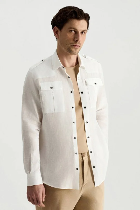 Hemington - Saf Keten Dört Cep Beyaz Safari Gömlek (3)