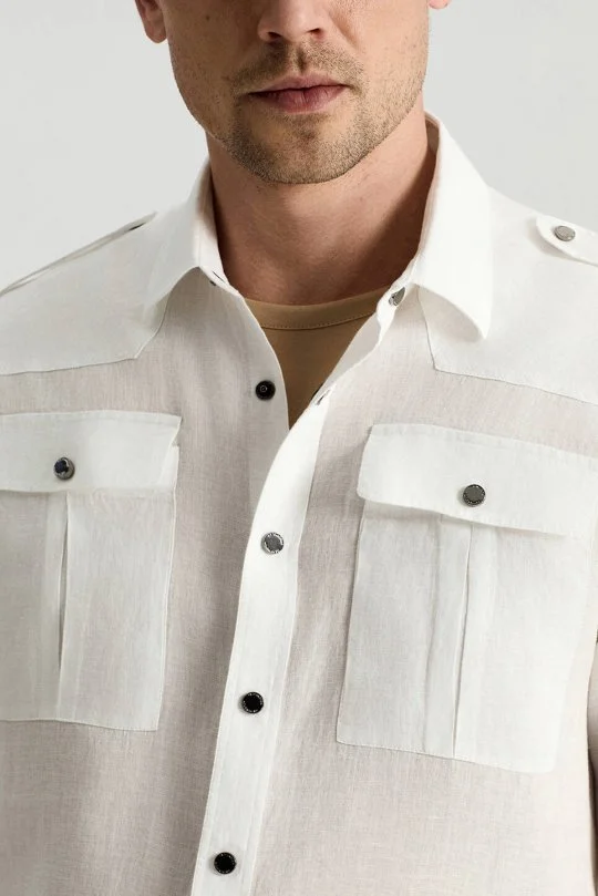 Hemington - Saf Keten Dört Cep Beyaz Safari Gömlek (4)