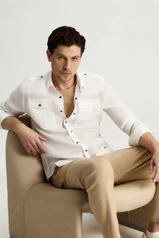 Hemington - Saf Keten Dört Cep Beyaz Safari Gömlek (1)