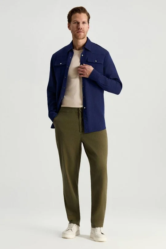 Hemington - Saf Keten Dört Cep Lacivert Safari Gömlek (3)