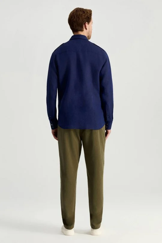 Hemington - Saf Keten Dört Cep Lacivert Safari Gömlek (6)