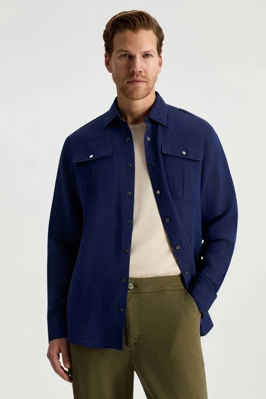 Hemington - Saf Keten Dört Cep Lacivert Safari Gömlek (2)