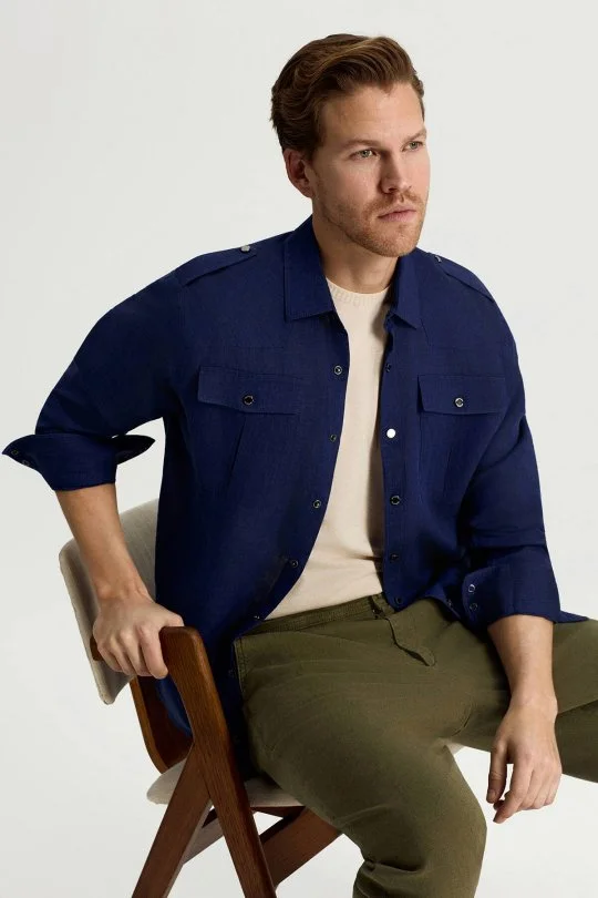 Hemington - Saf Keten Dört Cep Lacivert Safari Gömlek (1)