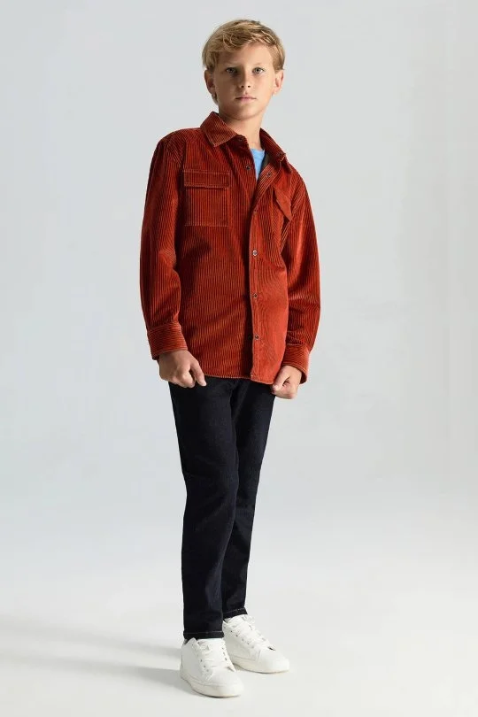 Hemington - Metal Düğmeli Turuncu Kadife Çocuk Gömlek