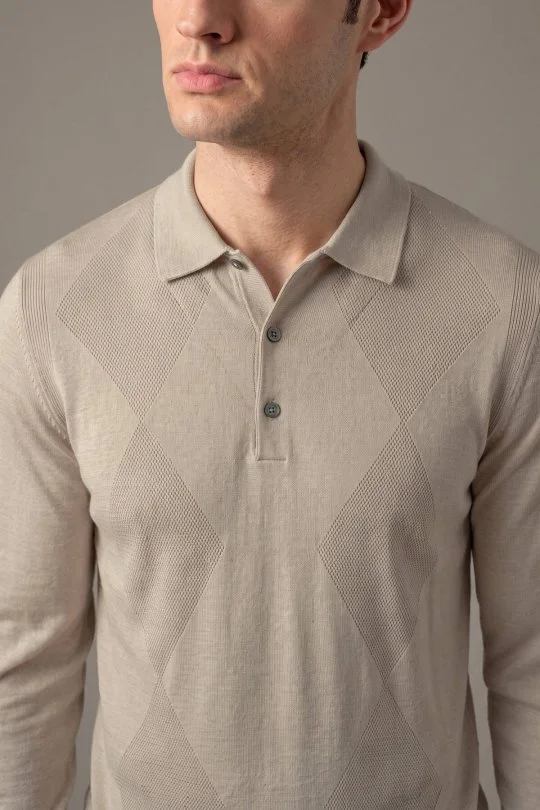 Modal Pamuk Karışım Argyle Desen Polo Yaka Bej Triko