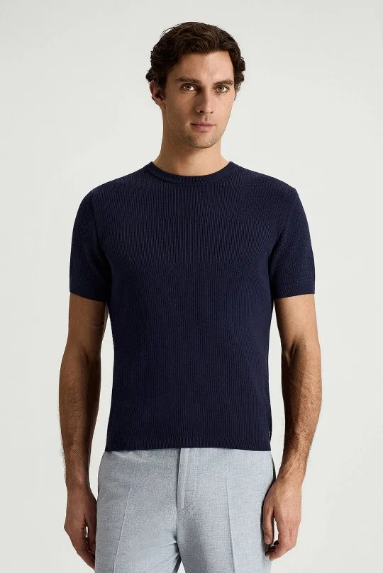 Hemington - Modal Pamuk Karışım Fitilli Örgü Detaylı Lacivert T-Shirt (1)