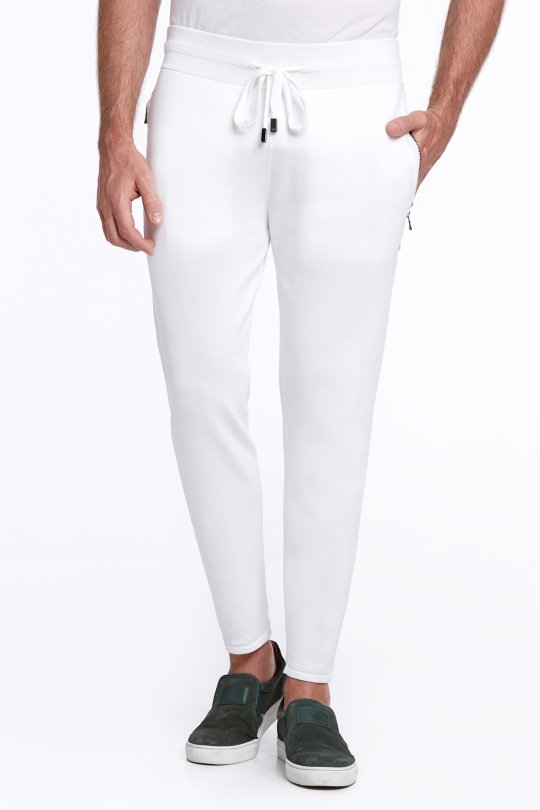 Nakış Logolu Bağcıklı Kırık Beyaz Triko Pantolon