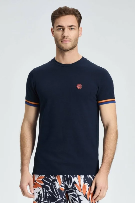 Hemington - Nakış Logolu Pike Örgü Lacivert Bisiklet Yaka T-Shirt