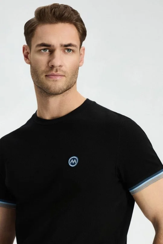 Hemington - Nakış Logolu Pike Örgü Siyah Bisiklet Yaka T-Shirt