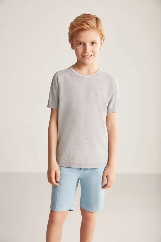 Hemington - Nakış Logolu Yaka Detaylı Açık Gri Triko Çocuk T-Shirt