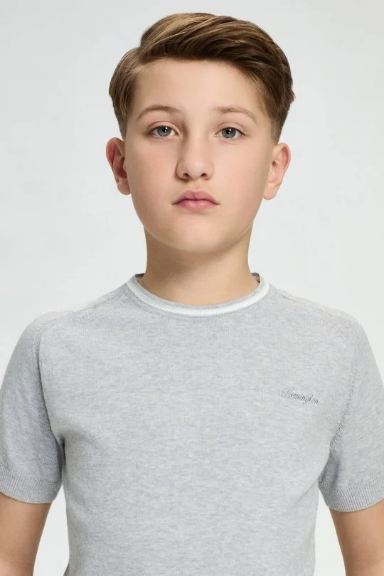 Hemington - Nakış Logolu Yaka Detaylı Açık Gri Triko Çocuk T-Shirt (3)