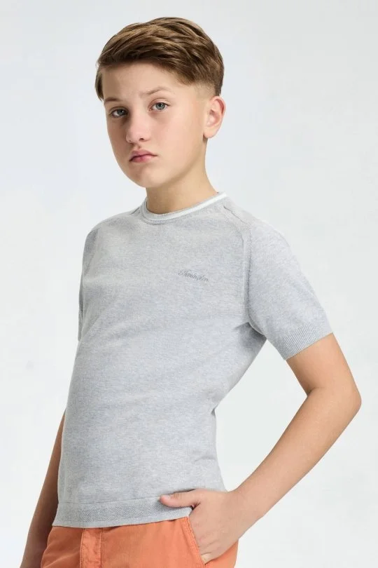 Hemington - Nakış Logolu Yaka Detaylı Açık Gri Triko Çocuk T-Shirt