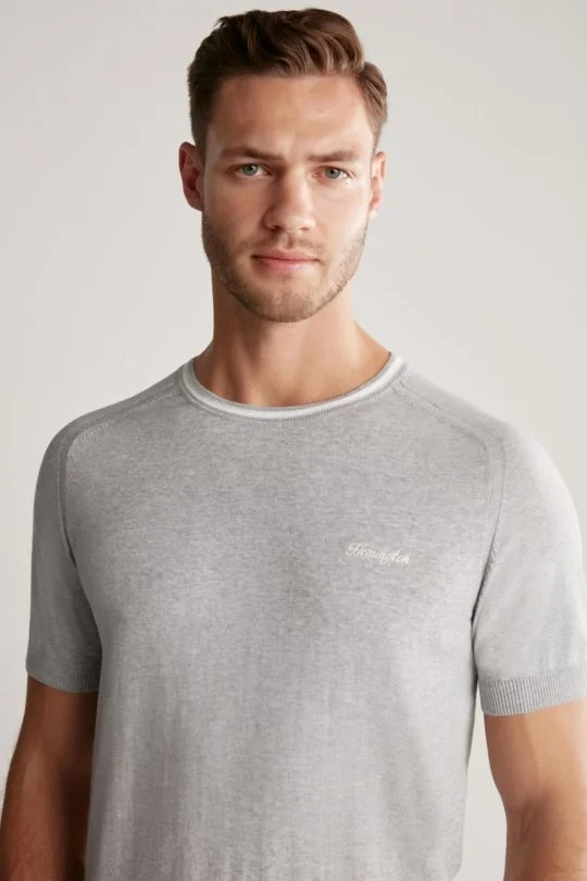Hemington - Nakış Logolu Yaka Detaylı Açık Gri Triko T-Shirt