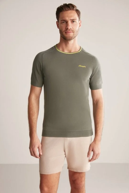 Hemington - Nakış Logolu Yaka Detaylı Haki Triko T-Shirt