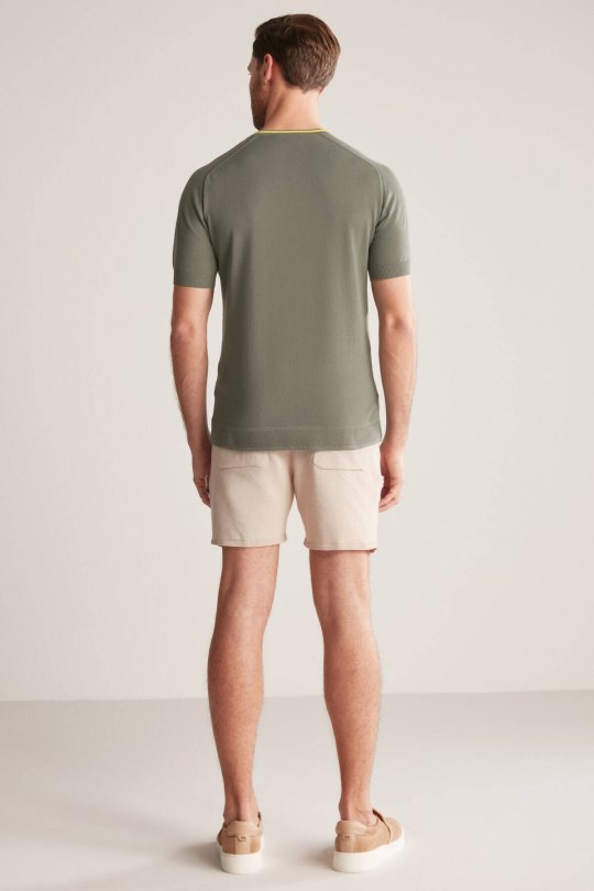 Nakış Logolu Yaka Detaylı Haki Triko T-Shirt