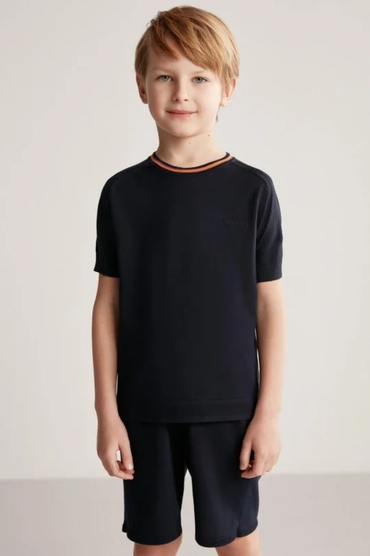 Hemington - Nakış Logolu Yaka Detaylı Lacivert Triko Çocuk T-Shirt