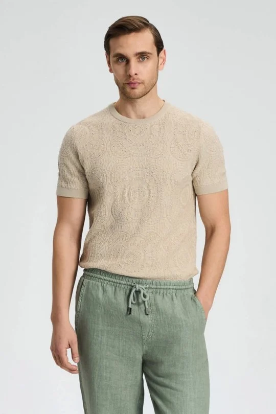 Hemington - Örgü Desen Açık Bej Bisiklet Yaka Triko T-Shirt