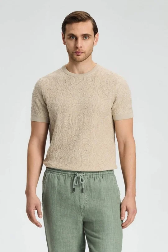 Hemington - Örgü Desen Açık Bej Bisiklet Yaka Triko T-Shirt (3)