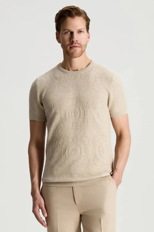 Hemington - Örgü Desen Açık Bej Bisiklet Yaka Triko T-Shirt (1)