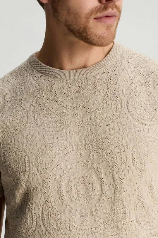 Hemington - Örgü Desen Açık Bej Bisiklet Yaka Triko T-Shirt (3)