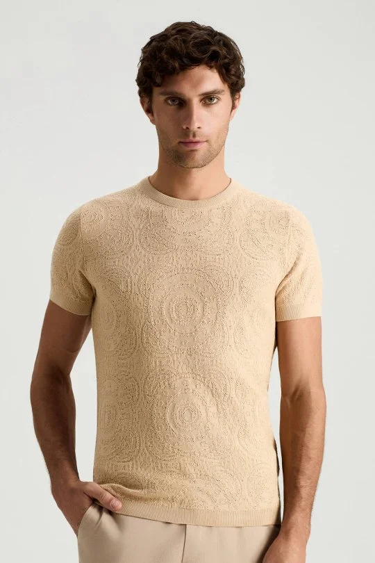 Hemington - Örgü Desen Açık Bej Bisiklet Yaka Triko T-Shirt (1)