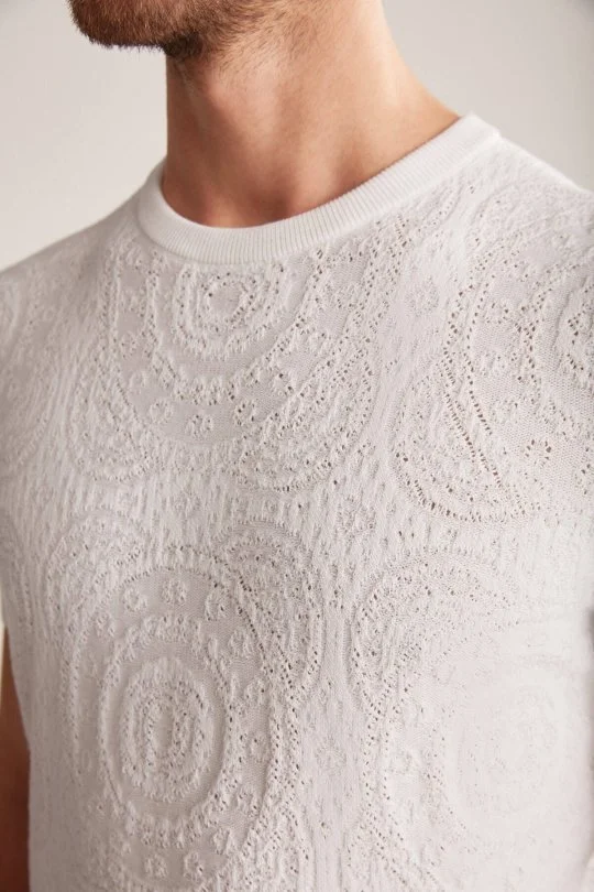 Hemington - Örgü Desen Beyaz Bisiklet Yaka Triko T-Shirt (6)