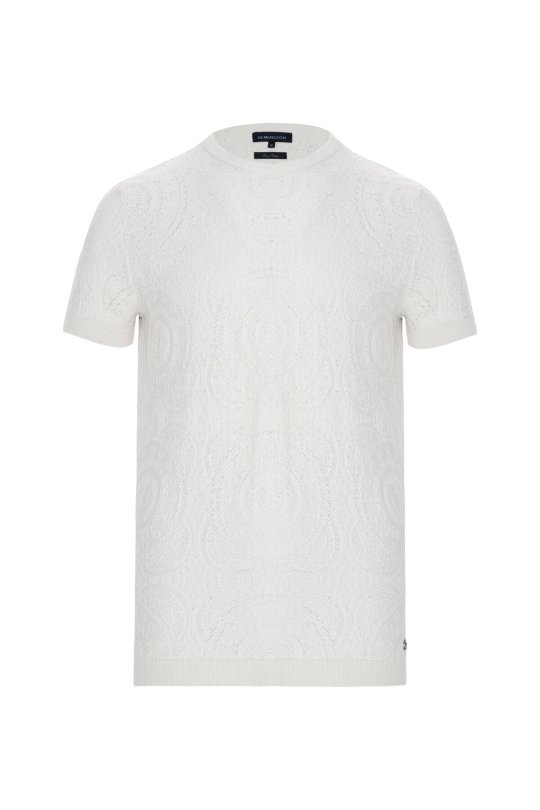 Örgü Desen Beyaz Bisiklet Yaka Triko T-Shirt