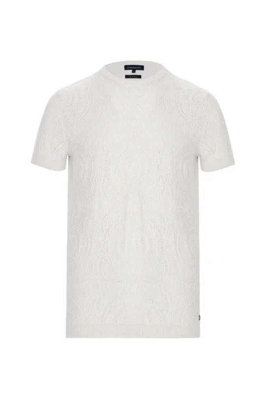 Hemington - Örgü Desen Beyaz Bisiklet Yaka Triko T-Shirt (8)