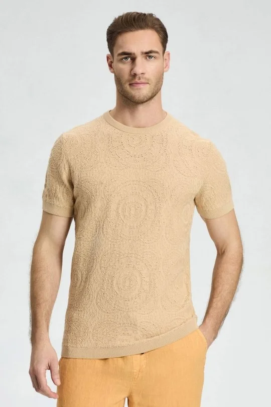 Hemington - Örgü Desen Krem Rengi Bisiklet Yaka Triko T-Shirt