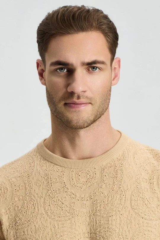 Hemington - Örgü Desen Krem Rengi Bisiklet Yaka Triko T-Shirt (1)
