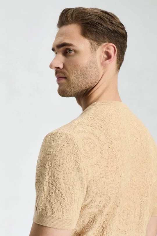 Hemington - Örgü Desen Krem Rengi Bisiklet Yaka Triko T-Shirt (3)
