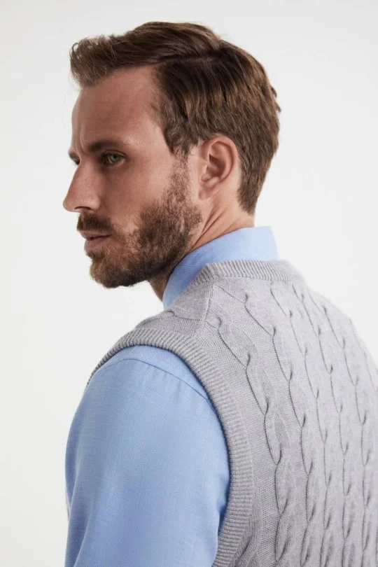 Hemington - Örgü Desen Açık Gri Lambswool Yün Triko Süveter (3)