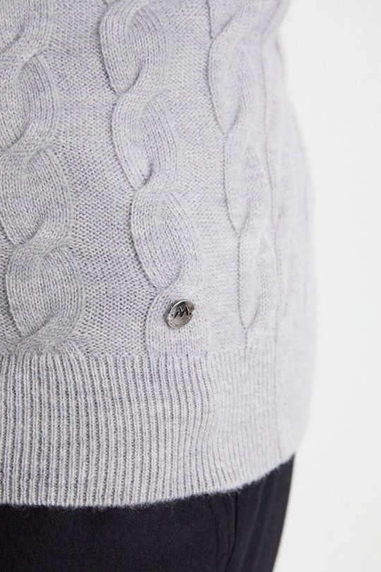 Örgü Desen Açık Gri Lambswool Yün Triko Süveter