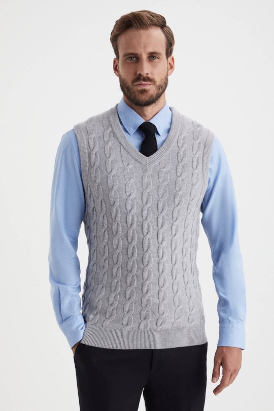 Örgü Desen Açık Gri Lambswool Yün Triko Süveter