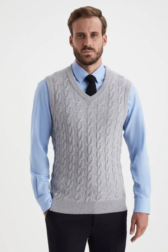 Hemington - Örgü Desen Açık Gri Lambswool Yün Triko Süveter (2)