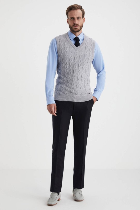 Örgü Desen Açık Gri Lambswool Yün Triko Süveter