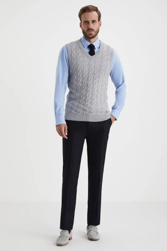 Hemington - Örgü Desen Açık Gri Lambswool Yün Triko Süveter (1)