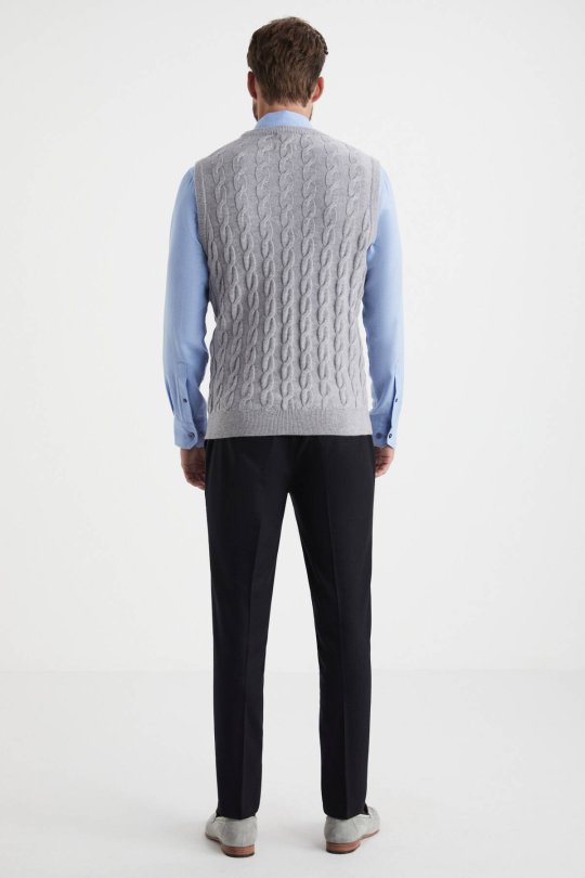 Örgü Desen Açık Gri Lambswool Yün Triko Süveter