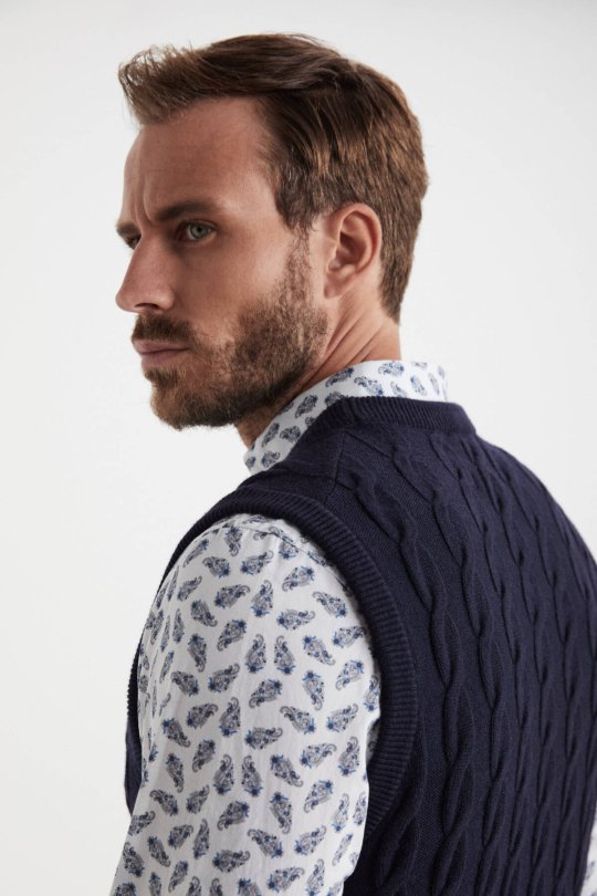 Örgü Desen Lacivert Lambswool Yün Triko Süveter