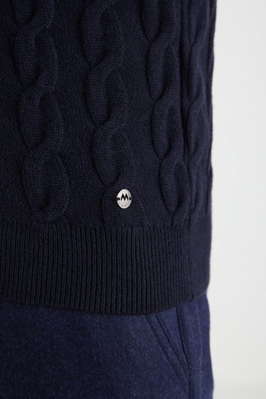 Örgü Desen Lacivert Lambswool Yün Triko Süveter