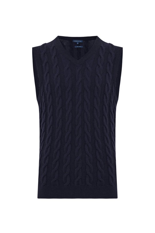 Örgü Desen Lacivert Lambswool Yün Triko Süveter