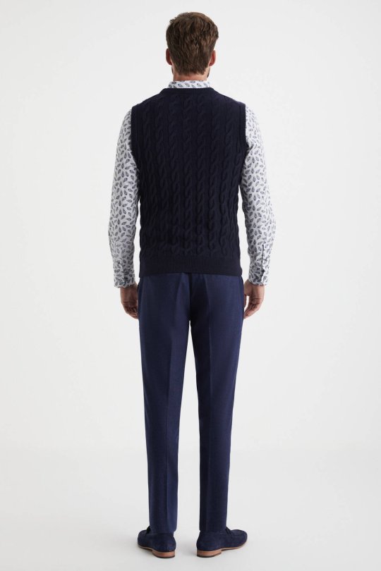 Örgü Desen Lacivert Lambswool Yün Triko Süveter