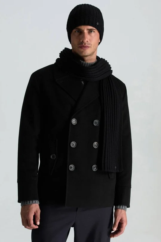 Hemington - Örgü Desenli Merino Yün Siyah Atkı