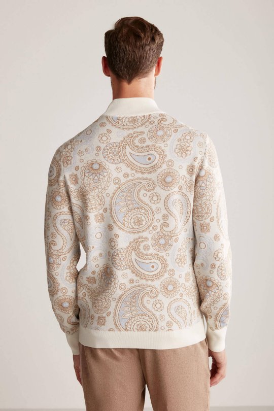 Paisley Desen Extrafine Merino Lupetto Yaka Ekru Triko