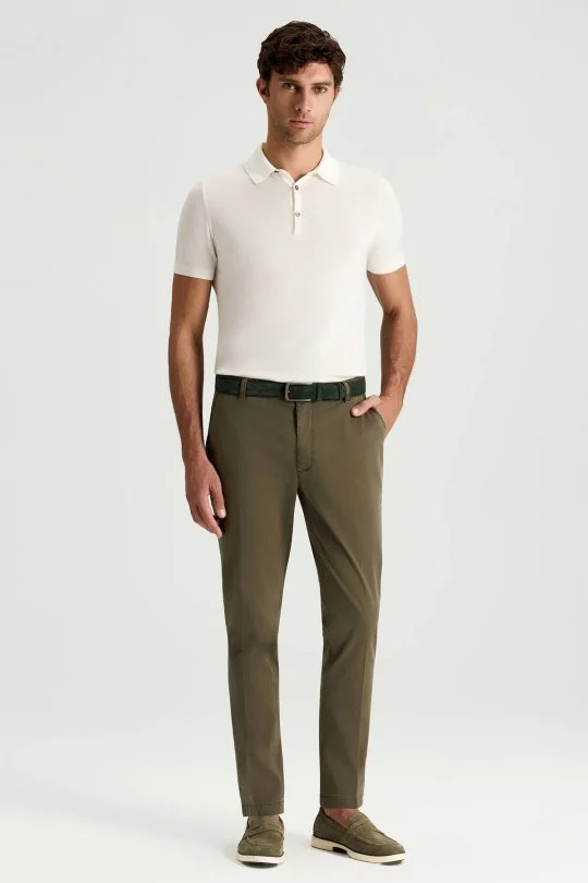 Pamuk Karışım Haki Yazlık Chino Pantolon
