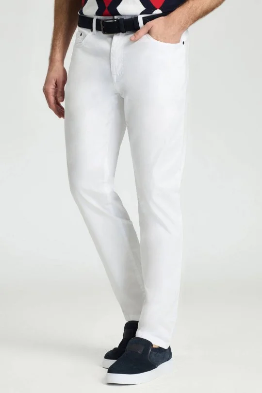 Pamuk Karışım Slim Fit 5 Cep Beyaz Yazlık Chino Pantolon