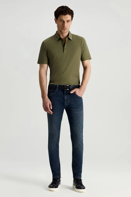 Pamuk Karışım Slim Fit Lacivert Taşlanmış Denim Pantolon