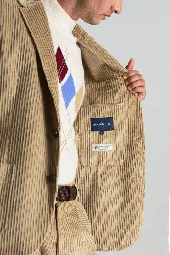 Hemington - Pamuk Karışımlı Çizgi Desen Camel Kadife Blazer Ceket (3)