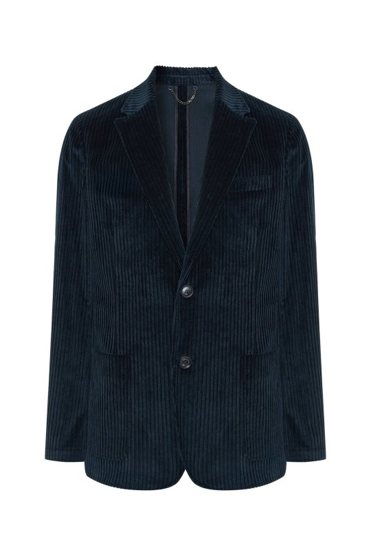 Pamuk Karışımlı Çizgi Desen Lacivert Kadife Blazer Ceket