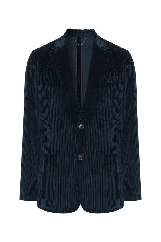 Hemington - Pamuk Karışımlı Çizgi Desen Lacivert Kadife Blazer Ceket (6)